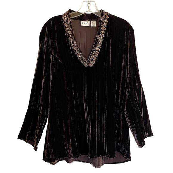 Chicos Tunic Top Womens 1 Medium Brown Velvet Beaded Boho Long Sleeve Shirt - Picture 1 of 7